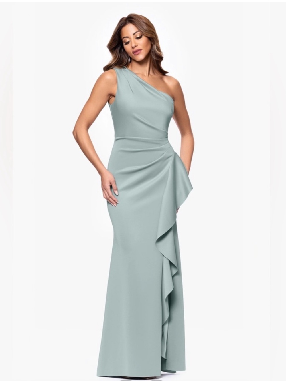 Xscape One-Shoulder Sage Green Ruffled Gown